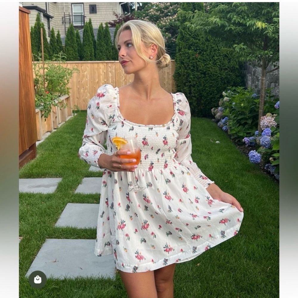 Hill House Norah nap mini dress long sleeve Ivory Ikat Floral Crushed Taffeta